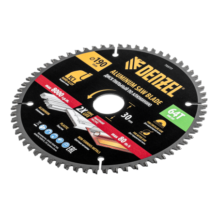 Пильный диск по алюминию DENZEL ф190 х 30 мм, 64 зубьев