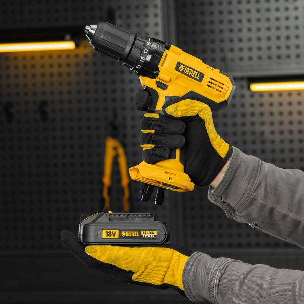 Аккумуляторная дрель-шуруповерт DENZEL CDL-IB-18-02, 18 В, Li-Ion, 2 x 1.5 Ач