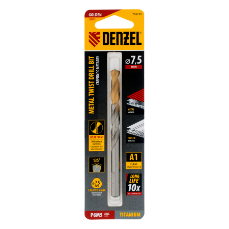 Сверло спиральное по металлу DENZEL 7,5 x 109 мм, Р6М5, Golden Tip