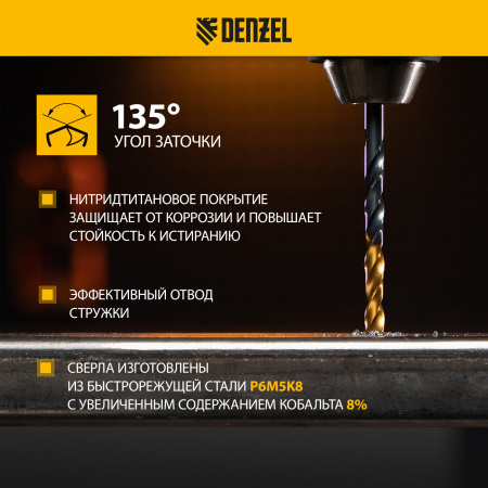 Набор сверл по металлу DENZEL, 1-10 мм, Р6М5К8-TiN, Golden Tip, 10 шт