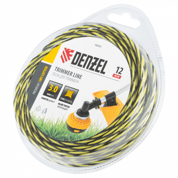 Леска для триммера DENZEL двухкомпонентная витая квадратная, 3,0мм х 12м, блистер SkyCutter