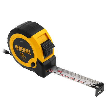 Рулетка DENZEL 10м х 25мм, двухкомп. корпус, кнопка-пауза