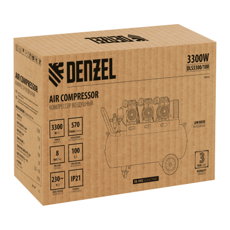 Компрессор безмасляный, малошумный DENZEL DLS 3300/100, 3300 Вт,3x1100, 100 л, 570 л/мин ,блок управления Компрессор безмасляный, малошумный DENZEL DLS 3300/100, 3300 Вт,3x1100, 100 л, 570 л/мин ,блок управления