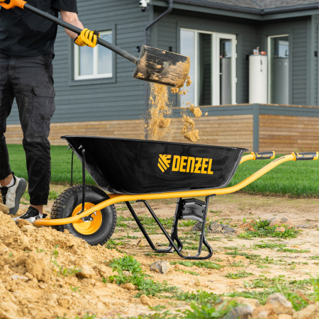 Тачка строительная DENZEL, усиленная, объем 130 л, 230 кг, колесо 15х6.00-6