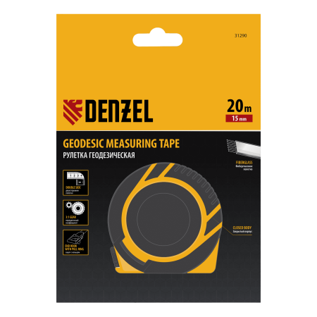 Рулетка геодезическая DENZEL 20 м х 15 мм, закрытый корпус, фиберглассовая лента