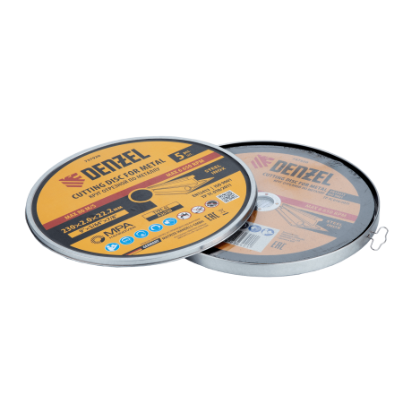 Круг отрезной по металлу DENZEL 230 х 2,0 х 22,2 мм, A36TBF, в метал.банке, 5 шт.