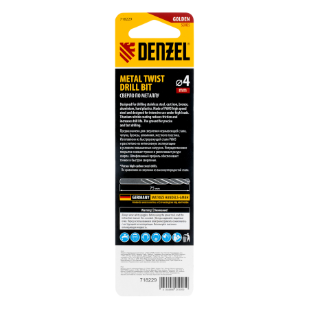 Сверло спиральное по металлу DENZEL 4 x 75 мм, Р6М5, Golden Tip
