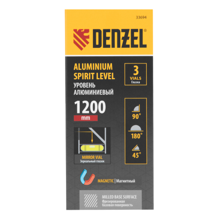 Уровень алюминиевый DENZEL магнит., фрезерованный, 3 глазка (1 зеркал.), 0,5 мм/м, 1200 мм