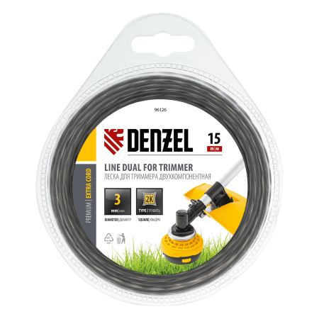 Леска для триммера DENZEL Extra cord 96126, 3 мм x 15 м, квадратная, двухкомпонентная