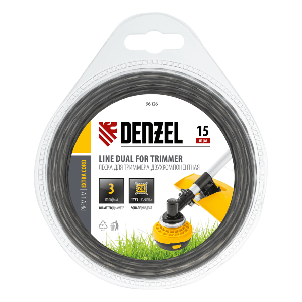 Леска для триммера DENZEL Extra cord 96126, 3 мм x 15 м, квадратная, двухкомпонентная